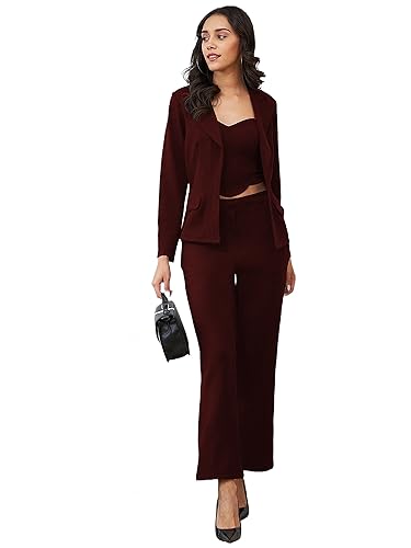 Image of Florely Women's Lycra Solid Three Piece Outfits Blazer Co-Ord Set Women Outdoor Wear Maxi Dress Crop top Party Dress Stylish Dresses