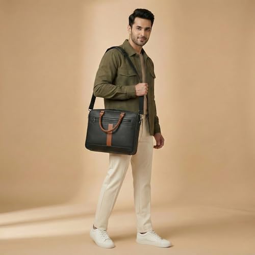 Image of Vegan Leather Laptop Messenger Bag for Men & Women | 15.6 Inch Office Shoulder Bag with Padded Laptop Compartment Multi-Pocket Work Satchel Adjustable Strap Business Bag | Alls