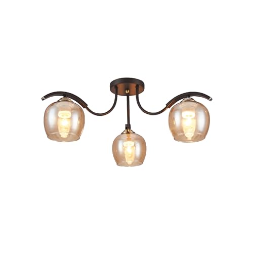 TEKLED Amber Glass Black Semi-Flush Ceiling Light E27 - Modern / 3 Lamp
