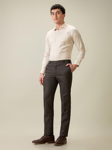 Image of Raymond Men Slim Fit Checks Pattern Polyester Blend Flat Front Formal Trouser