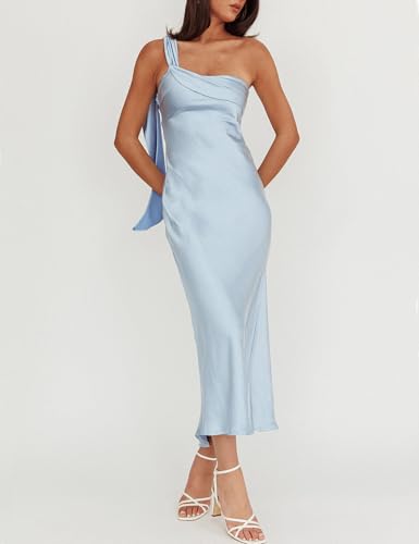 Image of 2026 Satin One Shoulder Maxi Dress for Women Summer Silk Formal Elegant Backless Ruffle Sleeveless Wedding Guest Dresses