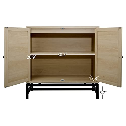 Zehuoge Natural Handmade Rattan Sideboard Buffet Storage Accent Cabinet, 2 Door Sideboard Buffet Cupboard Accent Cabinet, Built-In Adjustable Shelf, Iron Bracket, Metal Leg #TOP4