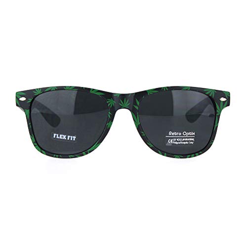 Mens Marijuana Pot Leaf Print Hipster Black Horn Rim Sunglasses