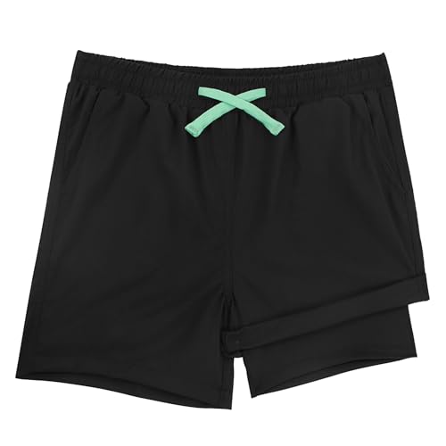 LACOFIA Bañador Niños 2 en 1 Pantalones Cortos Playa/Piscina con Forro de Compresión Ropa de Baño para Niño Short de Natación con Cintura Elástica Negro 10-12 años