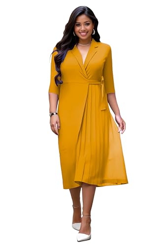 Image of Hostoyo Plus Size Wrap Dress Elegant Pleated Formal Midi Dresses Suit Collar 3 /4 Sleeve Belted Casual Church Outdoor Office