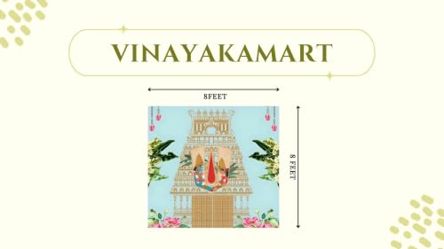 Image of Light Blue Background with a Temple Tower, a Sacred Red Namam, Lord Venkateswara and Padmavathi Holding Hands Decoration Cloth 8x8 Feet | varalaxmi Pooja Decoration Backdrop | Pooja Backdrop Cloth