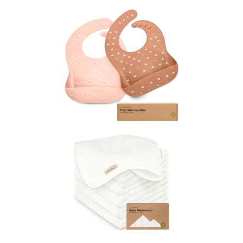 KeaBabies 2-Pack Baby Silicone Bibs and Baby Washcloths for Newborn, Kids - Waterproof, Easy Wipe Silicone Bib for Babies, Toddlers - Soft and Absorbent Kids Wash Cloth, Face Towel