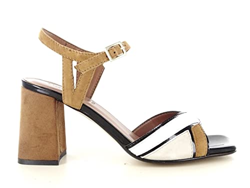 LINEA UNO Sandolo Mujer de piel auténtica con tacón cómodo Primavera/Verano, Negro Heno Beige, 38 EU