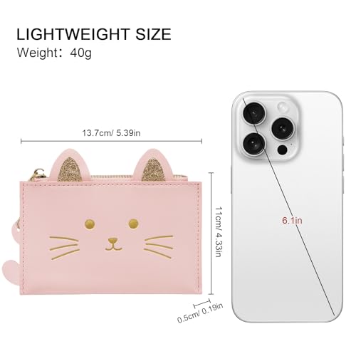 LJCZKA Cat Coin Purse for Women Cute Credit Card Holder Wallet Small Slim Zipper Pocket Leather Mini Pouch with ID Window (Pink)4