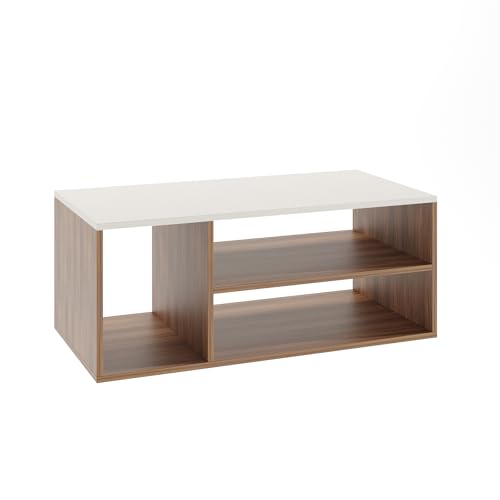 Image of FURNEASER Medina Modern Engineered Wood Coffee Table with Open Storage Shelves | Wooden Center Table for Living Room, Sofa Area & Lounge | Multipurpose Tea Table with Storage (Exotic Teak & White)