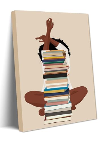 AKWISH Black Girl Canvas Wall Art - African American Wall Decor, Modern Black Woman with Book Art for Bedroom Living Room - Framed 12x16 inch