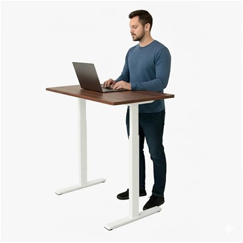 Image of Manual Hand Crank Standing Desk| Non Electric Height Adjustable Sit Stand Table| Ergonomic Workstation with Sturdy Steel| 25mm Walnut Top & White Frame| Supports 60KG Weight| 3 Year Warranty