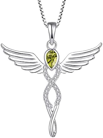 FJ Angel Wing Pendant Necklace 925 Sterling Silver Guardian Angel Necklace Infinity Birthstone Necklace Jewellery Gifts for Women Girls