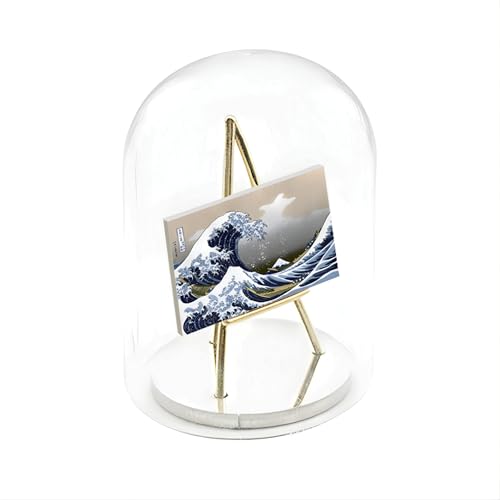 Famous Painting Miniature Art Display Collection - with Artwork by Vincent Van Gogh, Claude Monet & Picasso - 18k Gold Plated Stand with Glass Dome (The Great Wave Off Kanagawa)