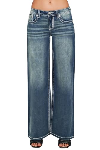 Miss Me Women's Mid-Rise Winged Fleur de Lis Embellished Pockets Wide Leg Jeans2