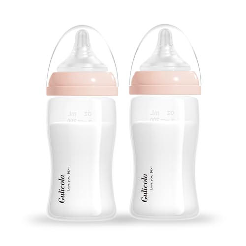 Image of Gulicola Nursing Baby Bottles Wide Neck, Newborn Breastfeeding Bottles with Extra Slow Flow Nipples (SS), 0 Months +, BPA Free PP, 7 oz & 2 Pack - Pink