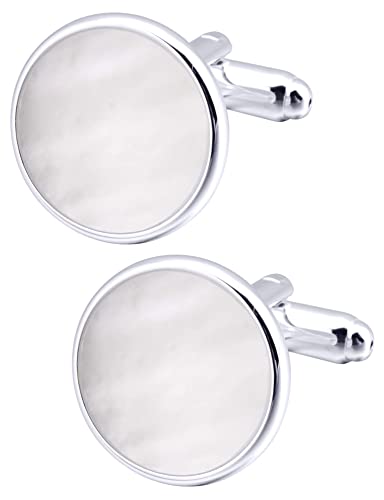 Silver Mother of Pearl Cufflinks in Gift Box Round Cuff Links for Business Wedding Anniversary Dress