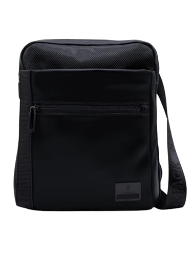 -Ecopelle e tessuto. -2 tasche sul davanti con zip. -1 tasca principale con cerniera. -1 tasca a filo sul retro. -Tracolla regolabile.
