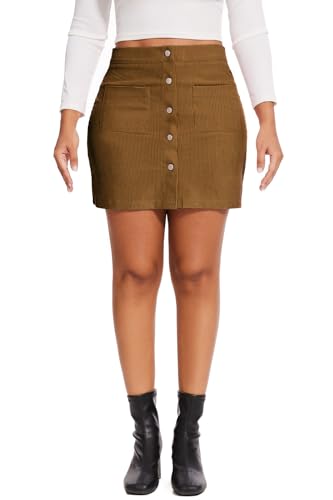 Womens Vintage High Waist Button Corduroy A-line Skirt Bodycon Mini Pencil Skirt with Pockets3
