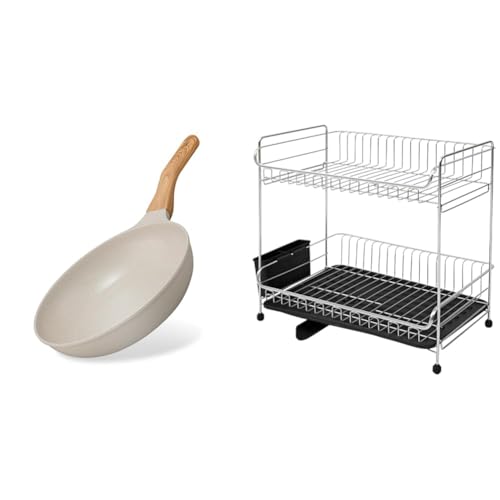 【お得なセット】アイリスオーヤマ フライパン 26cm IH・ガス火両用 ナチュかるフライパン 軽量 食材がくっつきにくいフッ素コーティング 内側は上品なマーブル模様 SNS映えフライパン グレイッシュモカ NTL-F26MO+水切りラック 突っ張り一人暮