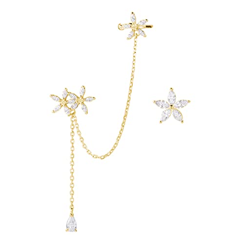 SLUYNZ 925 Sterling Silver Daisy Flowers Cuff Earrings Chain for
