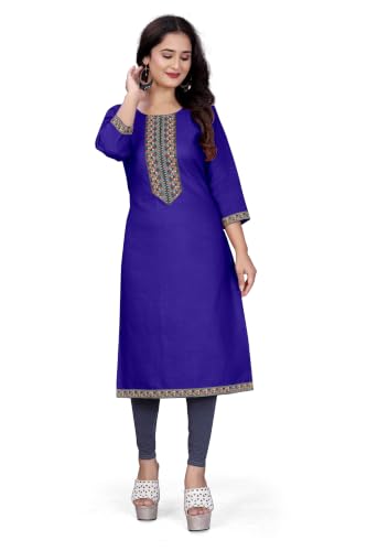 Image of Women A-line Cotton Blend Round Neck 3 /4 Sleeve Embroidered Kurti Only