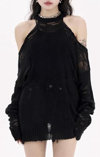 Image of Womens Punk Goth Ripped Sweater Distressed Off Shoulder See Through Long Sleeve Alt Knit Tops