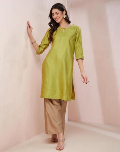 Fabindia Women's Viscose Silk Embroidered Regular Kurta (1037236Green_Green