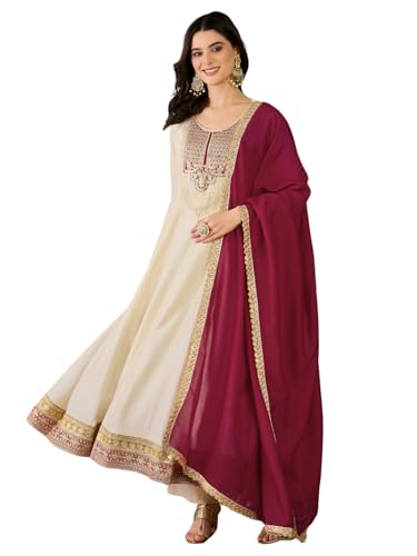 Image of Naixa-Women's Vichitra Silk with Lining Embroidered Flared Kurta with Pant and Dupatta Sets (NX-881)