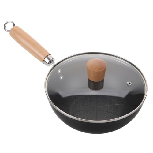 Wok de hierro fundido resistente con tapa y mango de madera