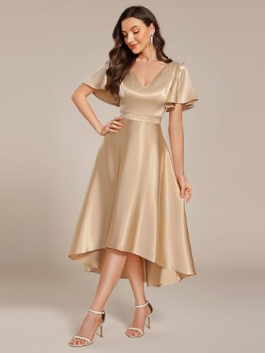 Ever-Pretty Women's Satin Short Ruffles Sleeves A Line Empire Waist Wedding Guest Dress with Pockets 023353