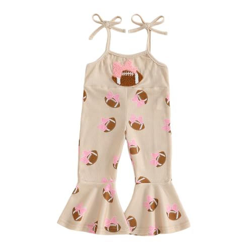 KMBANGI Toddler Baby Girl Football Outfit Rugby Bows Romper Spaghetti Strap Bell Bottoms Jumpsuit Game Day One Piece Clothes