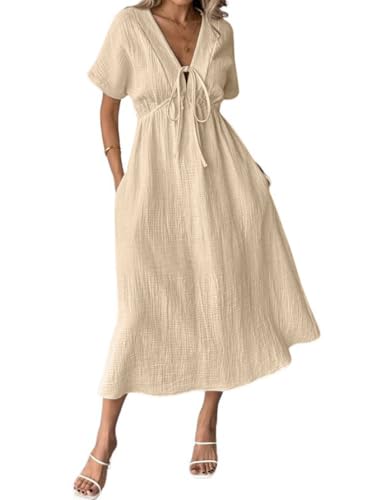 chouyatou Women's Summer Boho V-Neck Cotton Tunic Dress Casual Loose Short Sleeve Midi Long Beach Dress (Medium, Beige)