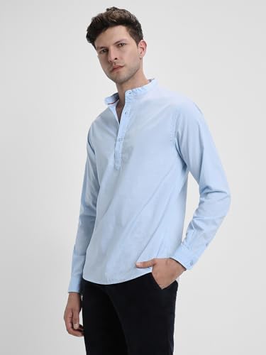 Image of Dennis Lingo Men's Cotton Solid Slim Fit Mandarin Collar Full Sleeves Casual Shirt