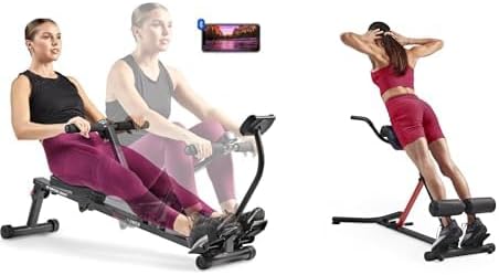 Sunny Health and Fitness Unisex's Station Hyperextension Roman Chair with Dip Station, Black + Smart Compact Adjustable Rowing Machine, 12 Levels Adjustable Resistance, Complete Body Workout