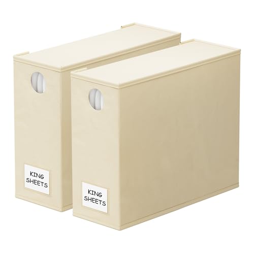 Image of SpaceAid 2 Pack Bed Sheet Organizers and Storage, Foldable Sheet Organizer for Linen Closet, Sheets Set Folder Keeper with Window XL (Queen & King Size) Organizing Bedding Container, Beige