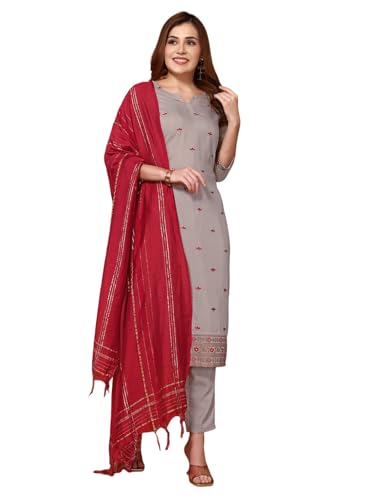 Sanisa Women's Chinnon Embroidery Work Straight Kurta With Pant And Dupatta Set (54Kbd631Nr-Xl_Dusty Brown)