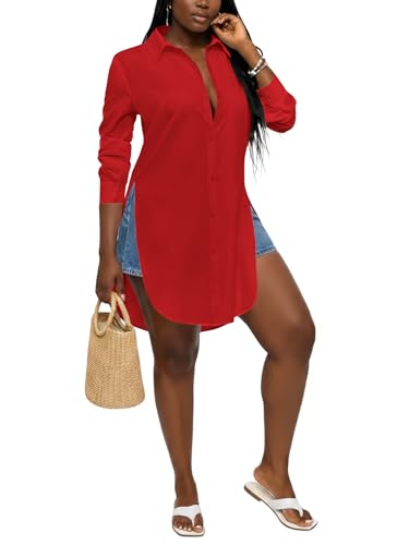 Image of LYANER Women's Collar Neck Long Sleeve Button Down Shirts Sexy Split Hem Tops Long Blouse Shirt Dress
