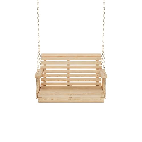 Image of Amish Casual Heavy Duty 700 Lb Capacity Porch Swing (3 Foot, Unfinished) - Wooden Outdoor Roll Back Swing with Hanging Chains - Amish Made in the USA