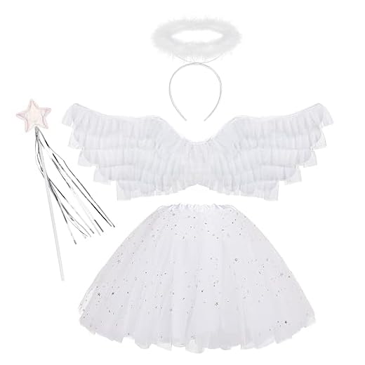 Disfraces de ángel para niñas, Falda tutú alas de ángel de Plumas Blancas y alas de ángel de Halo, Disfraz de Hada para niños Navidad Halloween Fiestas de Disfraces