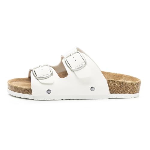 Image of FITORY Womens Flat Sandals with Cork Footbed, Open Toe Arch Support Slides Adjustable Slip On Slippers for Summer 2026 Size 6-11