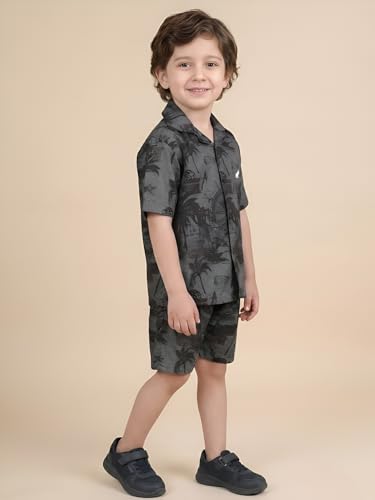 Image of POLKA TOTS Cotton Boys Summer T-shirts and Shorts Combo Set | Premium Printed Shirt & Shorts Combo | Relaxed Fit | Summer Toddler Outfit for Kids | Co-Ord Set For Boys | Tropical Print | Black 4-5 Y