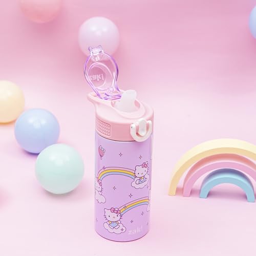 Image of Zak Designs Sanrio Sage Kids Water Bottle For School or Travel, 14oz Stainless Steel Water Bottle With Straw, Handle, and Leak-Proof, Pop-Up Spout Cover (Hello Kitty)