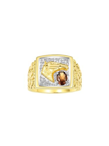 Image of Rylos Men's Yellow Gold-Plated Sterling Silver Lucky Nugget Horse Head Ring with 6X4MM Gemstone and Diamonds - Birthstone Elegance for Men, Sizes 8-13 Available