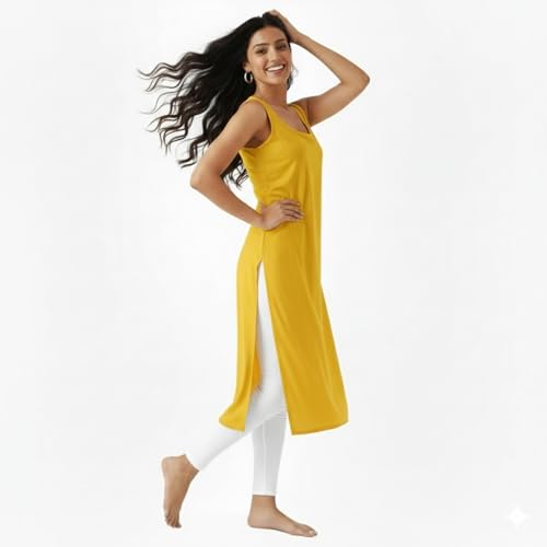 Image of Cotton Inner Slip camesoli for Women, Full Length Inner for Chikankari Kurti, Women Indoor Dress Cotton Sleeveless camesole,Holi Outfit (Color- Light Yellow)