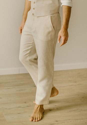 Mens Cotton Linen Pants Casual Loose Fit Straight-Legs Summer Beach Prom Wedding Long Pants2