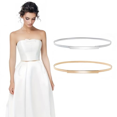2-Piece Women's Waist Belts Set, Gold and Silver Elastic Metal Belts with Rhinestones for Dresses & Formal Wear