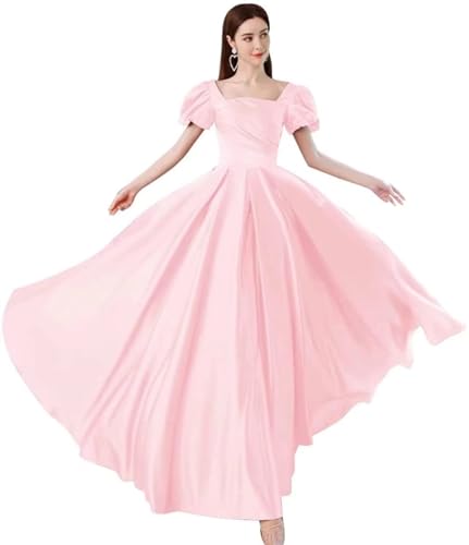 YHZCG Puffy Sleeve Prom Dresses Long Satin Princess Ball Gown Pockets A Line Evening Gowns for Women Formal Pink US 10