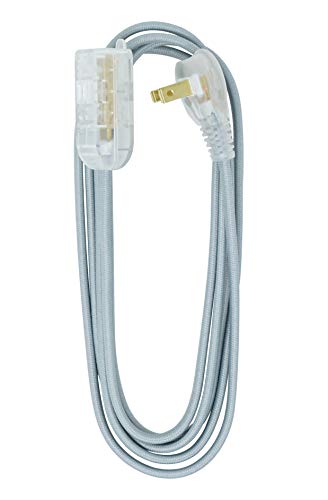 Woods 64598101 Decor Series 8-Foot Fabric Braided Indoor Extension Cord With Lighted Ends, 3 Polarized 2-Prong Outlets, Right Angle Plug, 125 Volts, Grey/Gray #TOP1