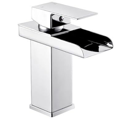 Foto di Rubinetto miscelatore per lavabo a cascata per bagno, moderno monoblocco quadrato miscelatore monocomando in acciaio inox cromato